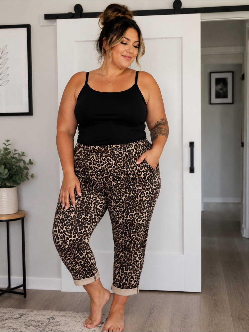 Westbound Plus-Size Leopard Print Pull-On Capris - Black/Tan